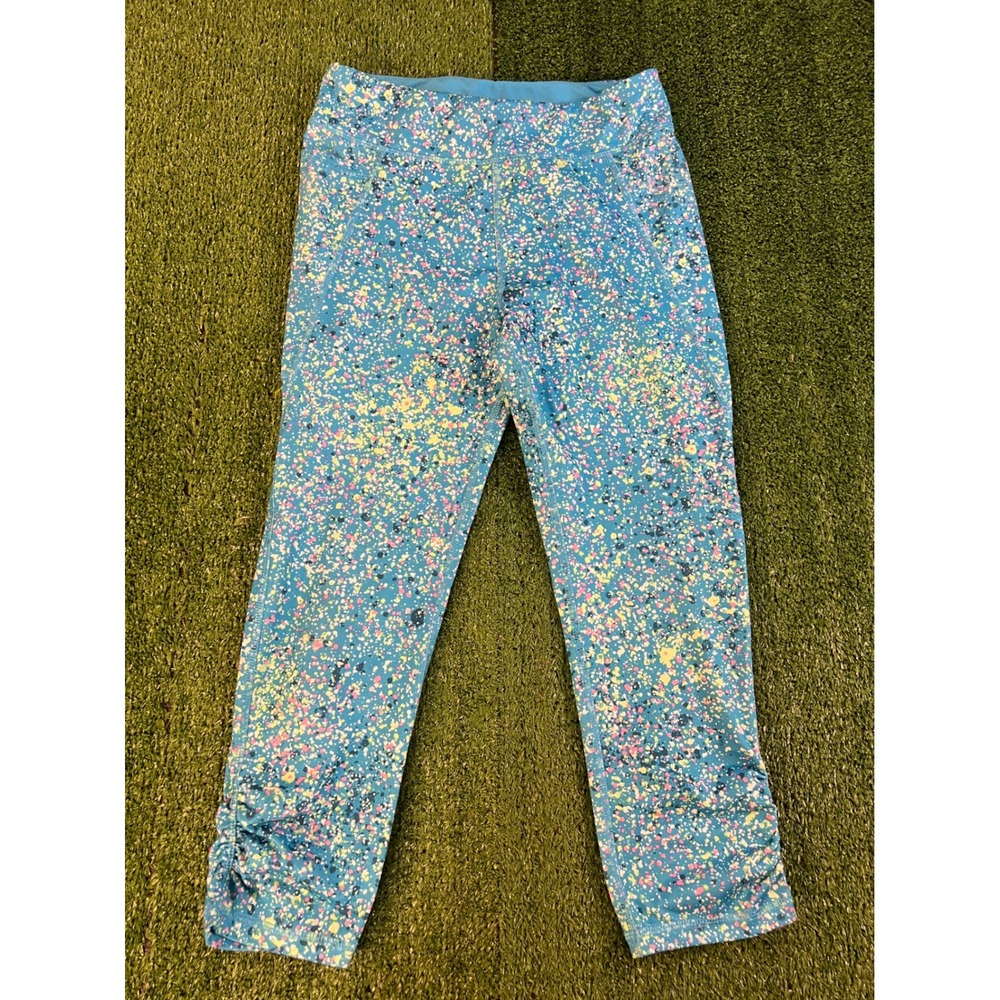 Tek Gear Girls XL 14/16 Capri Leggings Teal Blue Paint Splatter Ruched Active